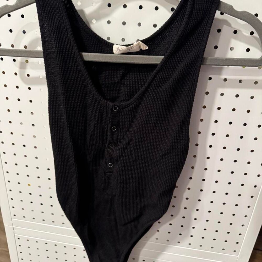 The Line by K Adrienne Black Ribbed Henley Bodysuit XS Made in USA